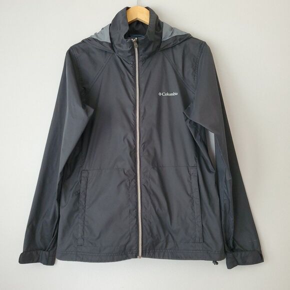 Columbia Black Gray Nylon Zip Up Hooded Windbreaker Jacket Womens Large - Picture 7 of 7
